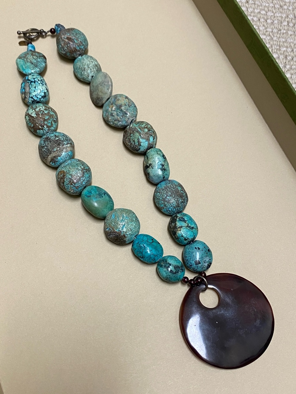 Vintage Turquoise Heavy Stone Beaded Necklace with Dark Brown Round Pendant